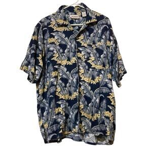 Summa Hawaiian Shirt Large Blue Tropical Floral‎ Collar Rayon Cotton Button Down